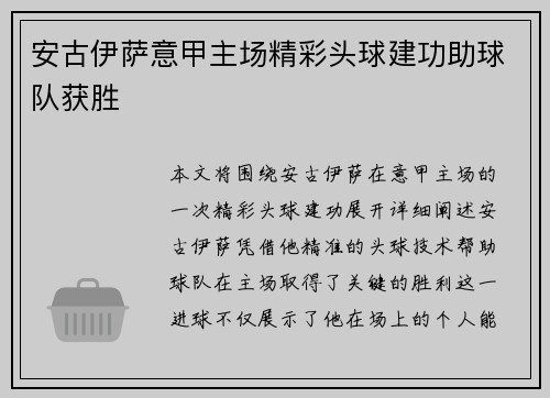 安古伊萨意甲主场精彩头球建功助球队获胜