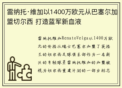 雷纳托·维加以1400万欧元从巴塞尔加盟切尔西 打造蓝军新血液 雷纳托·维加以1400万欧元从巴塞尔加盟切尔西 打造蓝军新血液